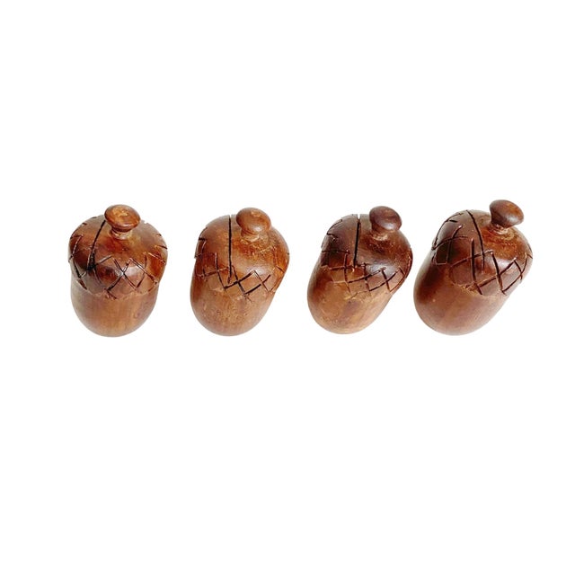 American 1960s Slanted Carved Acorn Place Card Holders – Set of 4, Wood For Sale - Image 3 of 4