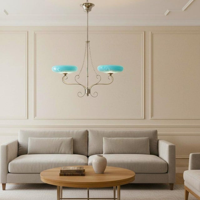 Art Deco Chandelier with Two Opaline Blue Glass Shades, 1940s For Sale - Image 3 of 12