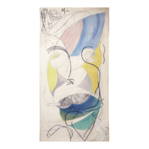 "Fumo Centro". Mixed Media on Canvas by Joe Ginsberg. Nursery Shades - Pink, Blue, & Yellow. Neutral Background With Black & Green Highlights.s.