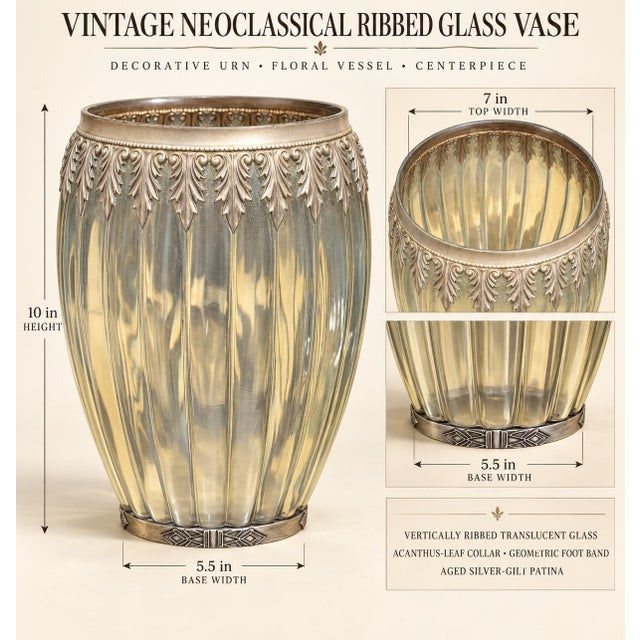 A striking vintage Neoclassical vase combining substantial vertically ribbed glass with richly ornamented silver-gilt-...