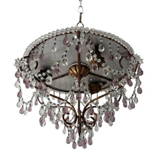 French Beaded Lavender and Clear Drops Flush Mount Chandelier For Sale