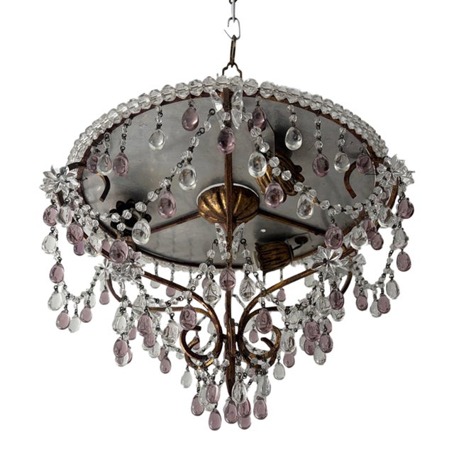 French Beaded Lavender and Clear Drops Flush Mount Chandelier For Sale