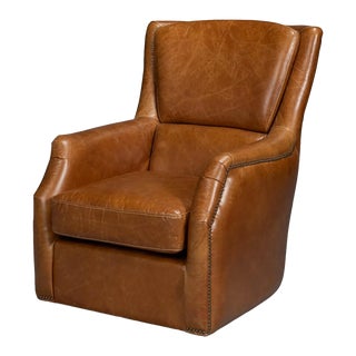 Traditional Brown Leather Swivel Chair For Sale