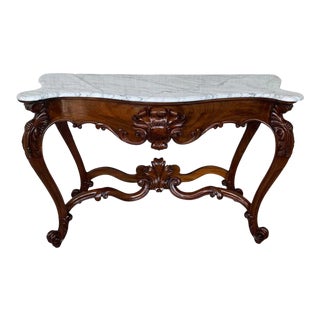 1900s French Regency Carved Walnut Console Table With White Marble Top For Sale