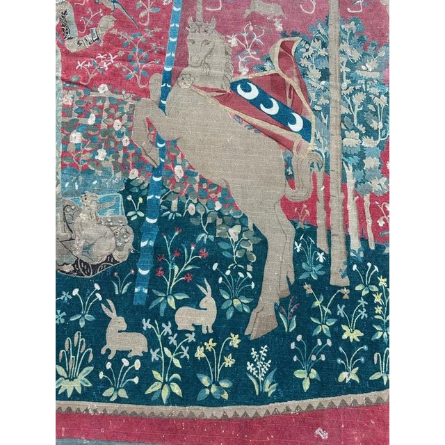 Antique French Screen Printed Tapestry Lady and Licorn, 1950s For Sale - Image 9 of 18