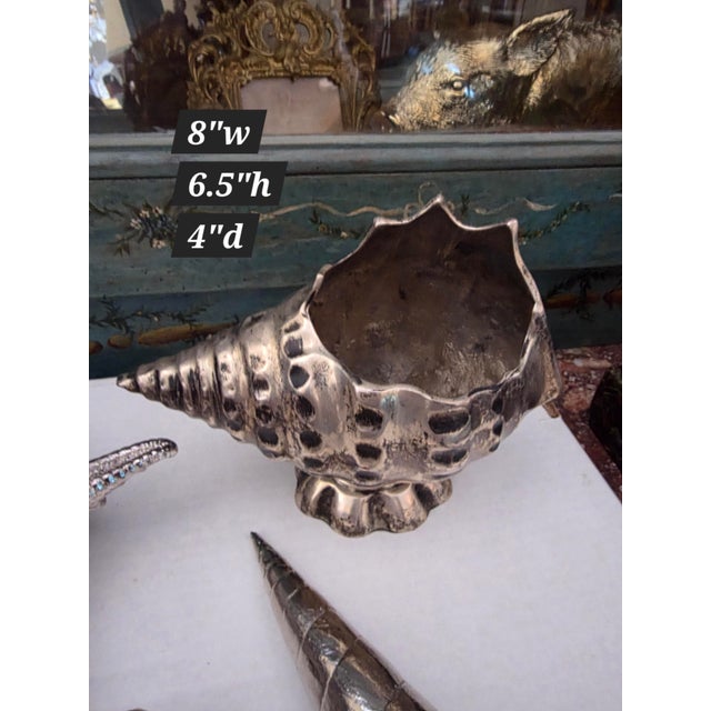 Great looking group of silvered objects. One is a modern vase or spoon warmer vessel. The star fish and the long narrow...