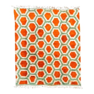 Handwoven Moroccan Mrirt Wool Rug, Orange & Sage Green Honeycomb Berber Carpet, Organic Modern Area Rug, 87" X 118" For Sale