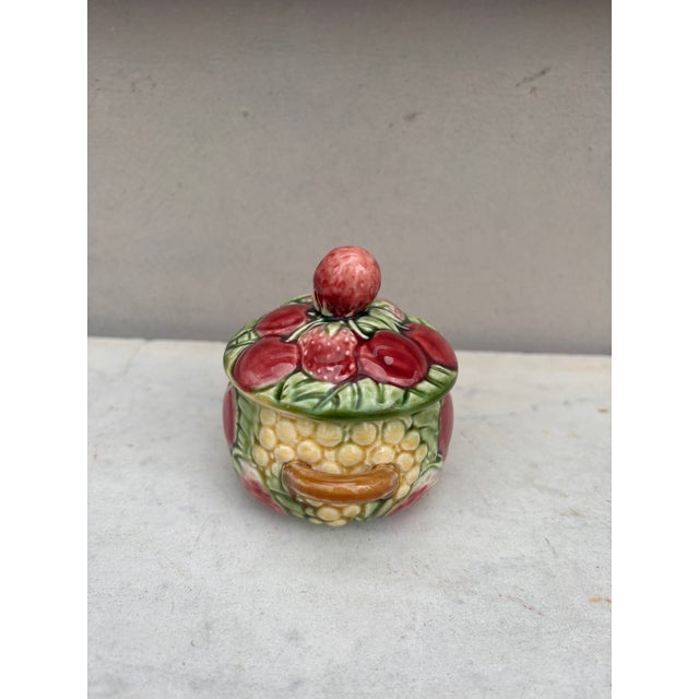 French Majolica handled Sugar Bowl Fruits Sarreguemines Circa 1920. with strawberries and cherries , grapes.