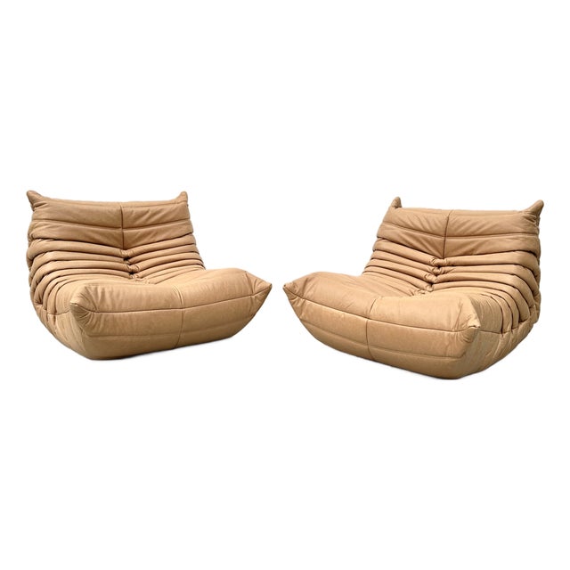 Vintage Togo Chairs in Camel Leather by Michel Ducaroy for Ligne Roset, Set of 2 For Sale