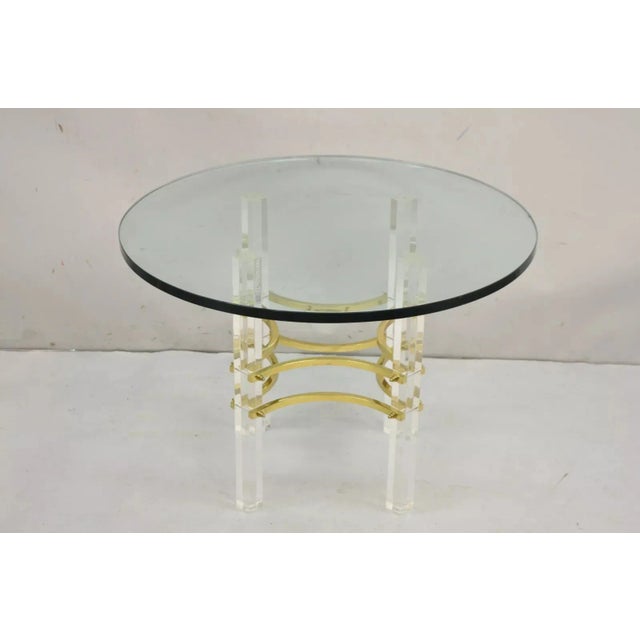 Vintage Mid Century Modern Charles Hollis Jones Style Lucite Brass Round Glass Side Table. Item features a thick round...
