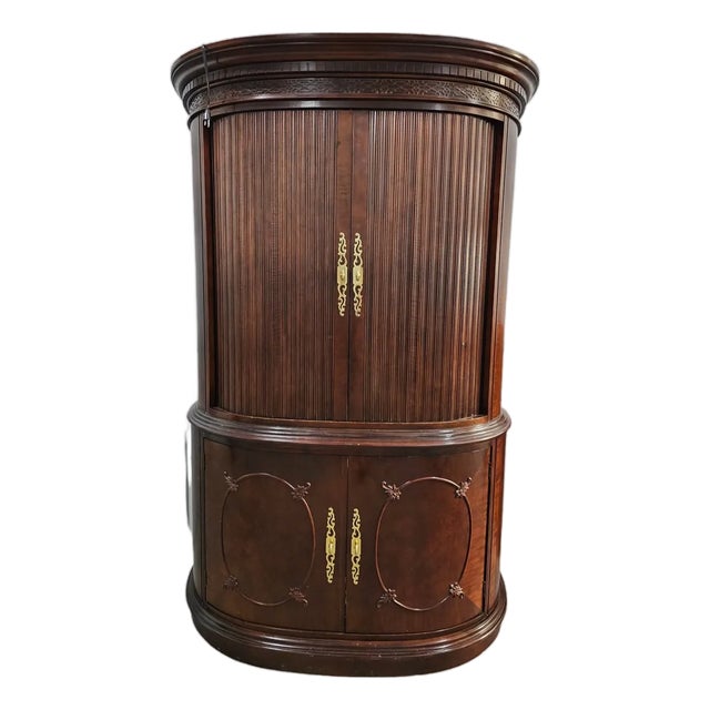 Late 20th Century Furniture Curved Mahogany Tambour Armoire / Bar Cabinet For Sale