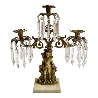 Antique Brass Soldier Victorian 3 Arm Girandole Candlestick With Marble Base & Prisms For Sale