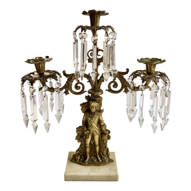 Antique Brass Soldier Victorian 3 Arm Girandole Candlestick With Marble Base & Prisms For Sale