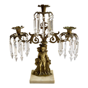 Antique Brass Soldier Victorian 3 Arm Girandole Candlestick With Marble Base & Prisms
