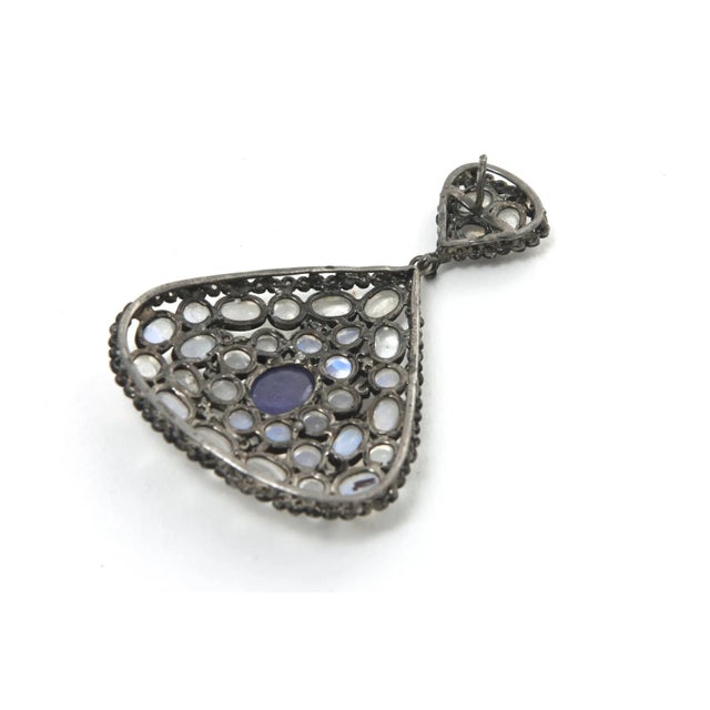 Moonstone, Tanzanite and Black Diamond Dangle Drop Pierced Earrings , Blue Purple For Sale - Image 9 of 10