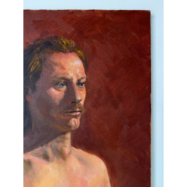 Textile 1970s Vintage Figurative Male Portrait Oil on Canvas Painting – Signed For Sale - Image 7 of 12