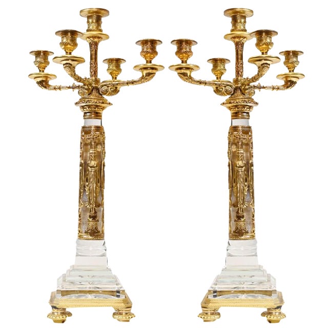 Empire Egyptian Revival French Gilt Rock Crystal Candleholders, Set of 2 For Sale