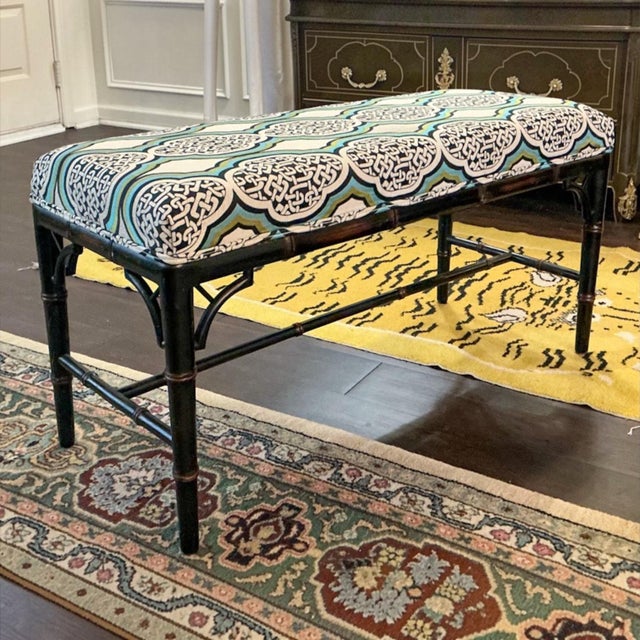 Mid-Century Chinese Chippendale Style Carved Faux Bamboo Bench Ottoman For Sale - Image 4 of 6