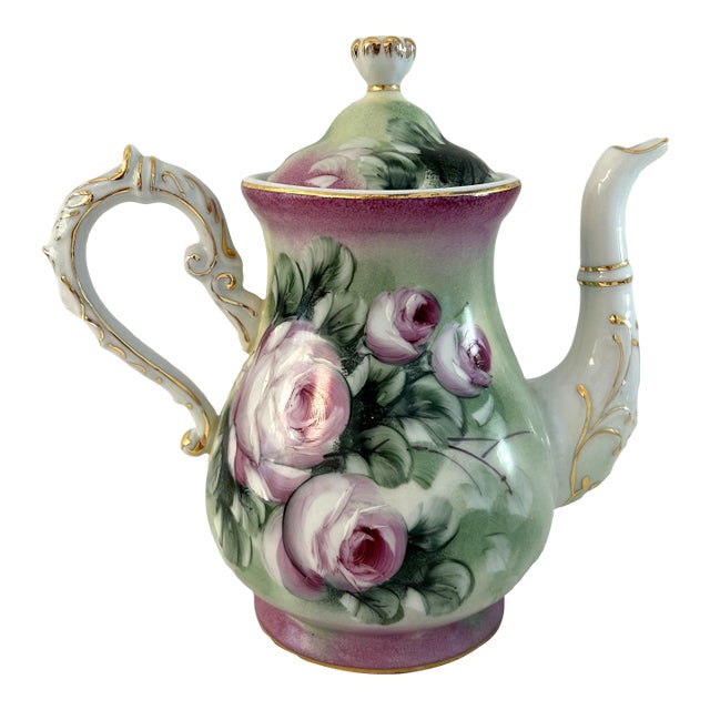 Vintage Hand-Painted Rose Coffee Pot For Sale