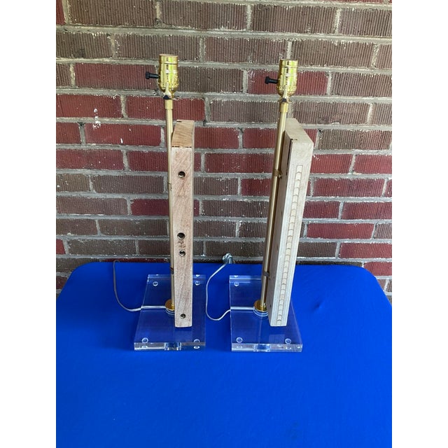Wood Pair Antique Bleached Marquetry Architectural Fragment Lamps W/Lucite Bases For Sale - Image 7 of 9