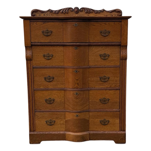 Antique Victorian Oak Serpentine Front Five-Drawer Highboy Dresser With Ornate Carved Crest For Sale