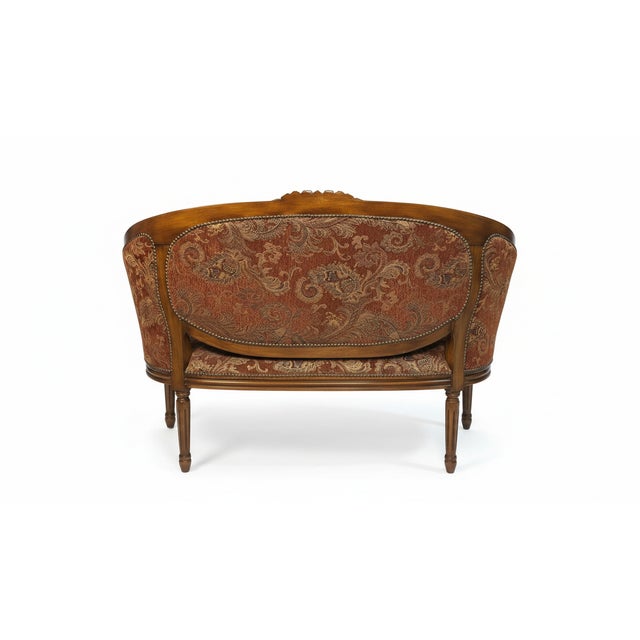Vintage Louis XVI Style Carved Barrel-Back Settee With Nailhead Trim For Sale - Image 4 of 4