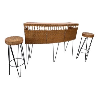 Vintage Bar Counter with Rattan and Metal Stools, 1950s, Set of 3 For Sale