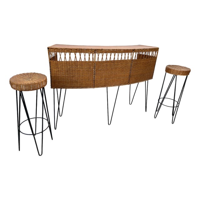 Vintage Bar Counter with Rattan and Metal Stools, 1950s, Set of 3 For Sale