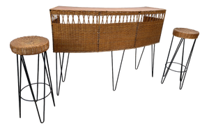 Vintage Bar Counter with Rattan and Metal Stools, 1950s, Set of 3