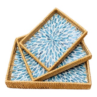 Set of Three Rattan Blue Mother-of-Pearl Inlaid Trays For Sale