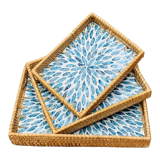 Set of Three Rattan Blue Mother-of-Pearl Inlaid Trays For Sale