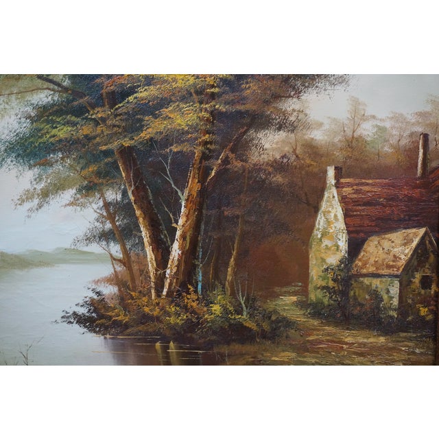 William Henry Harlock Cottage Farmhouse River Landscape Oil Painting 43" For Sale - Image 9 of 11