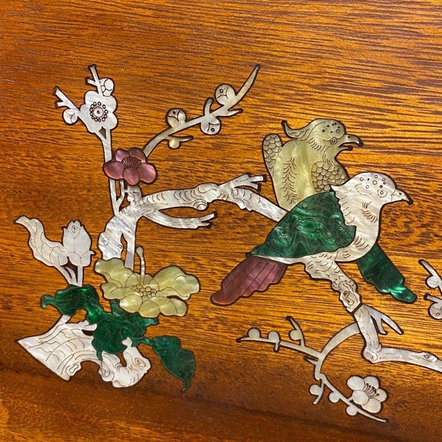 Brown Vintage Chinese Rosewood Tea Tray With Mother of Pearl Bird & Flower Inlay For Sale - Image 8 of 9