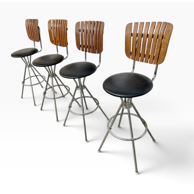 Mid-Century Modern Mid-Century Modern Umanoff Style Slatted Swivel Bar Stools - Set of 4 For Sale - Image 3 of 6