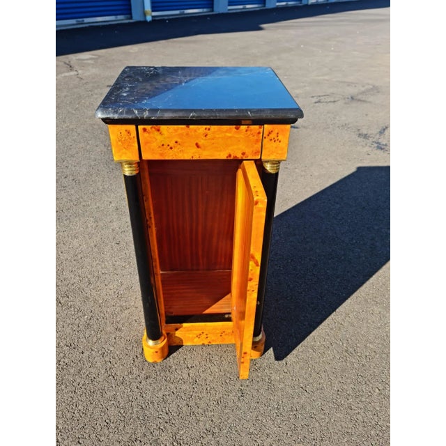 Empire End Table. wood veneer style inlaid bedside with drawer and door. New reproduction handy made. Two black lacquered...