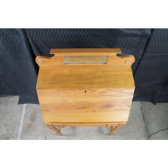 Antique Victorian Petite Oak Mirrored Slant Top Secretary Ladies Writing Desk For Sale - Image 6 of 14