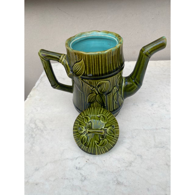19th Century French Green Majolica Bamboo Teapot signed Salins.