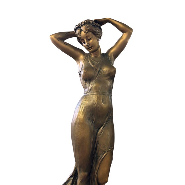 Stone Vintage Art Nouveau Style Bronze-Finish Female Figure on Marble Base For Sale - Image 7 of 9