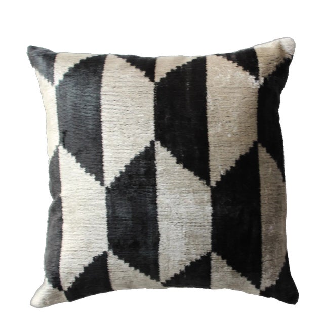Black Contemporary Velvet Ikat Bohemian Hand Made Pillow For Sale - Image 8 of 8