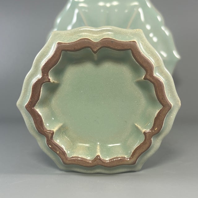 Celadon Vintage Chinese Longquan Pale Celadon Fluted Vase With Lobed Rim For Sale - Image 8 of 8