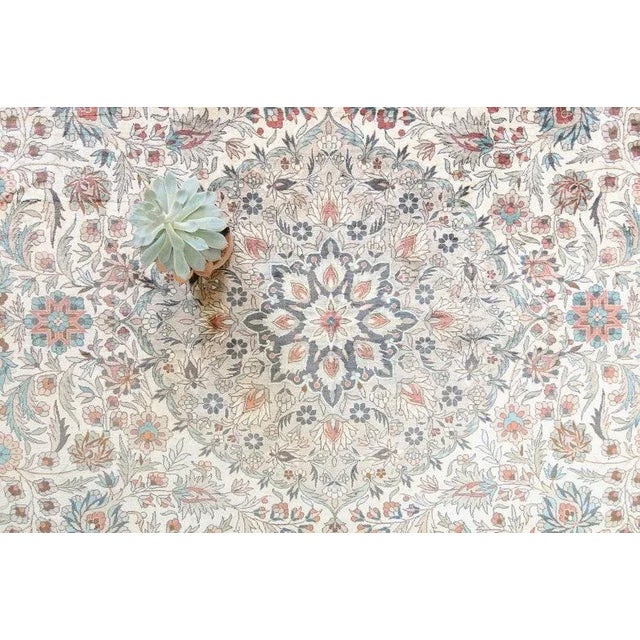 Contemporary 1980s Vintage Silk Medallion Floral Design Beige Gray Green Hand Knotted Pile Rug - 6’ X 9’ For Sale - Image 3 of 11