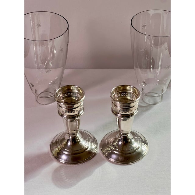 Pair of Crown Sterling Silver Candlesticks With Etched Glass Hurricane Shades, C. 1940 For Sale - Image 4 of 14
