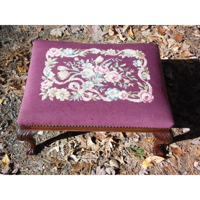 Early 20th Century Vintage Solid Mahogany Floral Burgundy Needlepoint Footstool Queen Anne Ottoman For Sale - Image 5 of 10