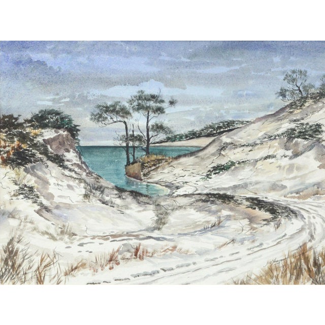 Serene landscape of a path to the ocean through sand dunes by Joseph Yeager (American, 20th century). Signed "Joe Yeager"...