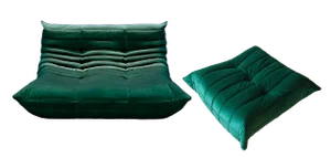 Set of Bottle Green Velvet Togo Pouf and 2-Seat Sofa by Michel Ducaroy for Ligne Roset