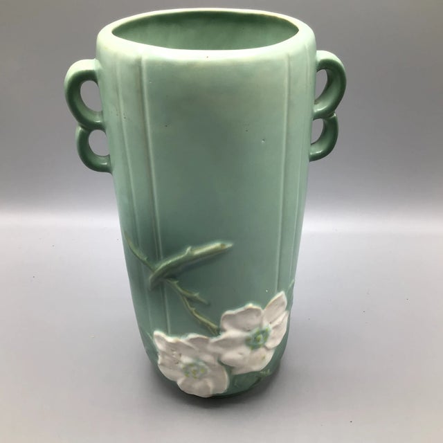 Green Weller Pottery Wild Rose Double Loop Handled Vase For Sale - Image 8 of 13