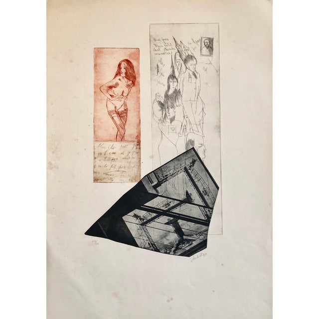Zvi Milshtein, Erotic Nude French Surrealist Aquatint Etching Photo Collage Silkscreen Print, c.1960s For Sale