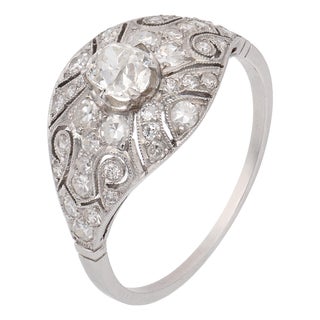 1920s Art Deco Inspired Diamond Filigree Platinum Ring, Size 6.25 For Sale