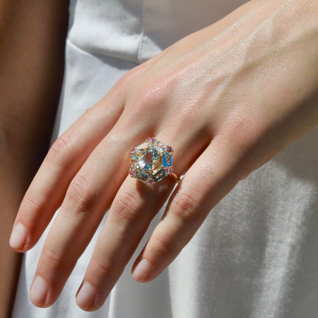 Not Yet Made - Made To Order Nina Zhou Margeret Aquamarine Pink Sapphire Cocktail Ring in 14k Yellow Gold Ring, size 5 For Sale - Image 5 of 10