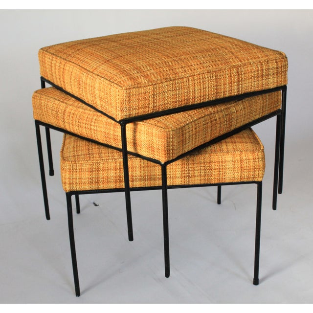 1950s Upholstered Wrought Iron Based Stools Attributed to Paul McCobb - Set of Three For Sale - Image 4 of 13
